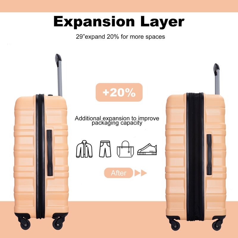 3 Piece Luggage Sets PC Lightweight & Durable Expandable Suitcase with Two Hooks, Spinner Wheels, TSA Lock, (21/25/29) Peach