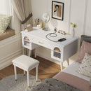 Elegant Vanity Makeup Table & Chair Set Modern Dressing Table With Organizer Writing Desk Charging Port Engineered Wood - White by HouseOfZazla