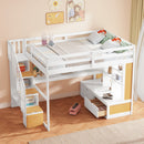 Full Size Loft Bed With Desk And Shelves, 2 Built In Drawers, Storage Staircase - Natural / White by HouseOfZazla