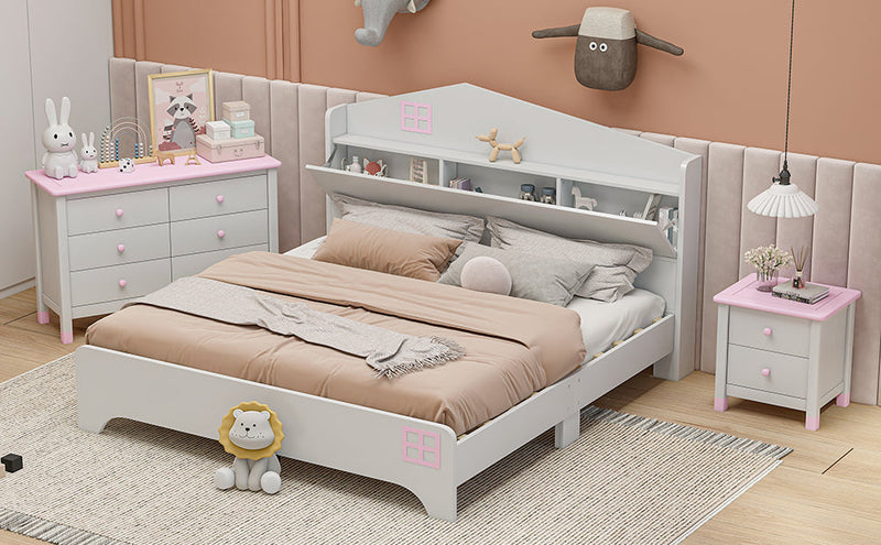 3-Pieces Bedroom Sets Full Size House Bed with Storage Headboard, Wooden Nightstand and Storage Dresser,White