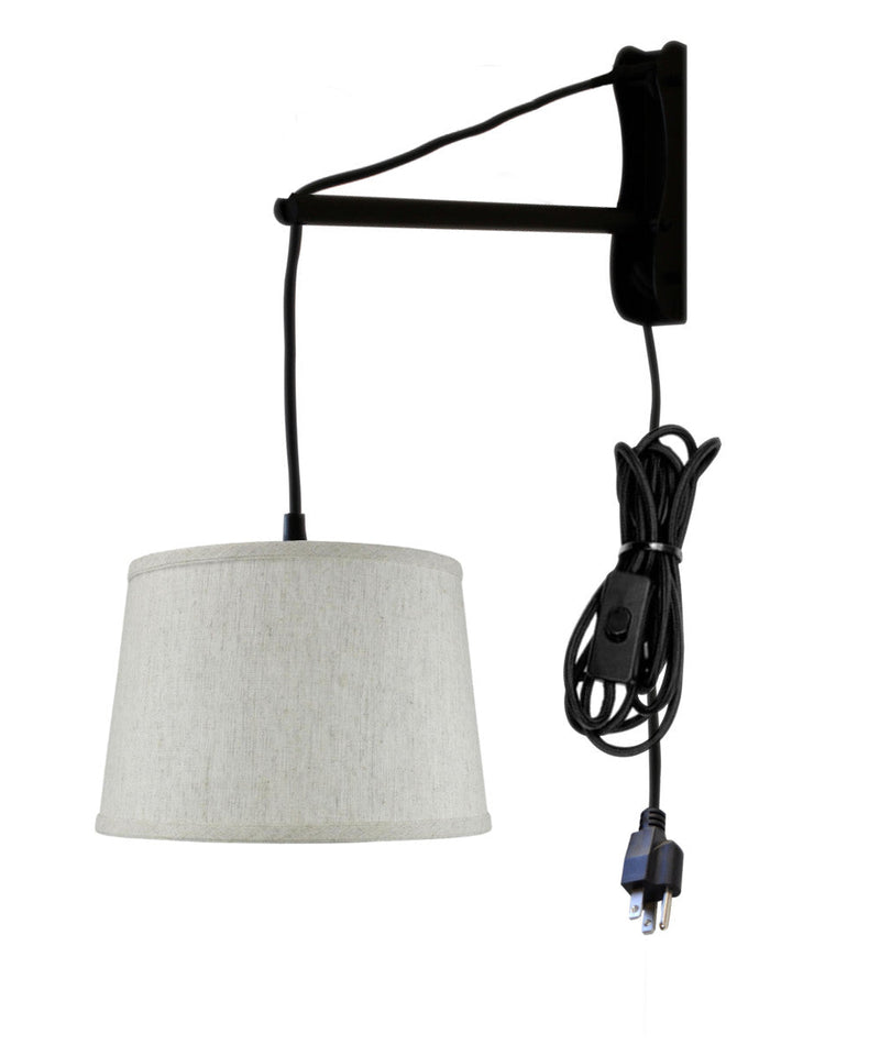 12"W MAST Plug-In Wall Mount Pendant 1 Light Black Cord/Arm Shallow Drum Textured Oatmeal Shade