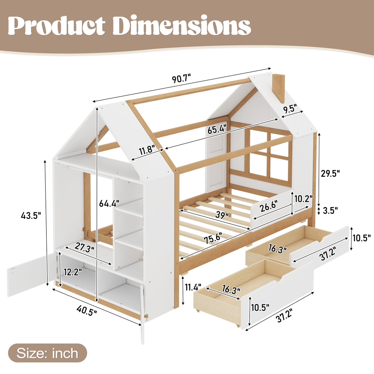 Twin Size House Platform Bed with Drawers, Solid Wood House Bed with Shelves, photo 7 of 10