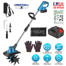800W 21V Cordless Tiller Cultivator 3.0Ah Battery Powered Tiller with 8.66" Width 6.69" Depth Manganese Steel Tines for Soil Cultivation Weeding Garde