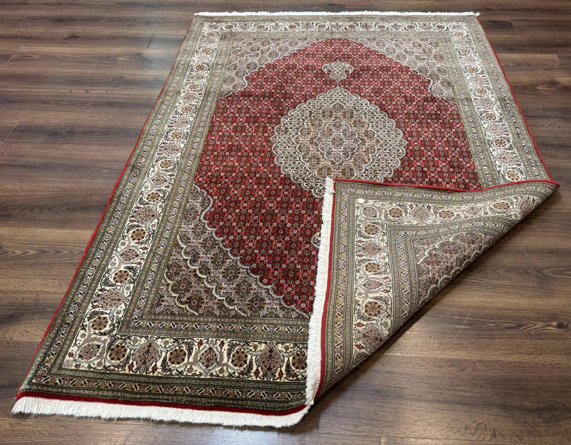 Persian Rug 5x7, Very Fine 330 KPSI, Red and Ivory, Herati Mahi Pattern, Wool & Silk
