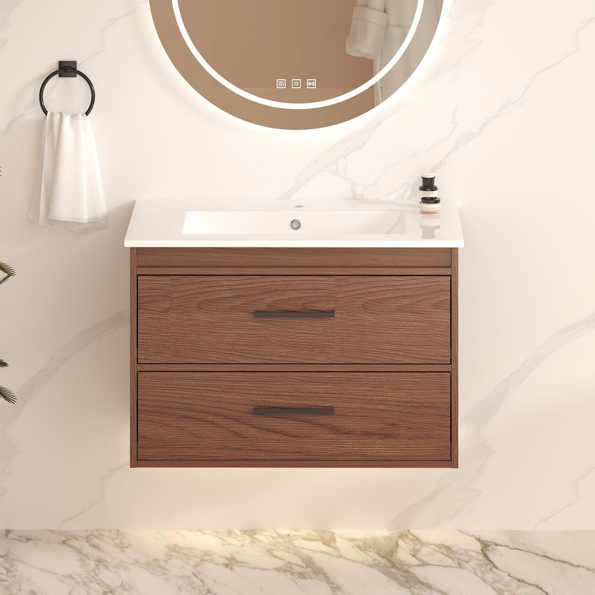 Wall Mounting Bathroom Vanity With Soft Close 2 Drawer, Sink - Reddish Brown, photo 4 of 4