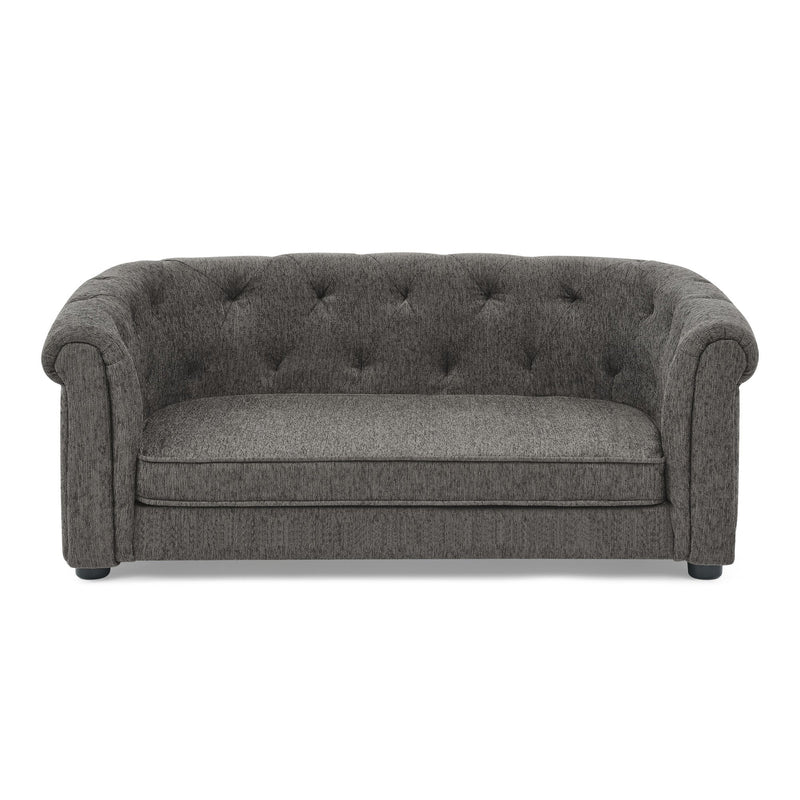 Contemporary Dark Grey Pet Sofa with Arc-Shaped Backrest and Armrests, Breathable Linen and Cozy Soft Cushion for Dogs
