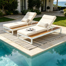 White Iron & Teak Finish Chaise Lounge Set: 1 Frame + 1 4-Fold