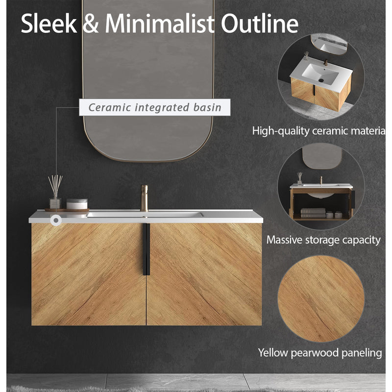 36 Inch Wall-Mounted Bathroom Vanity with 3D Fluted Panel & Ceramic Integrated Sink, photo 3 of 10
