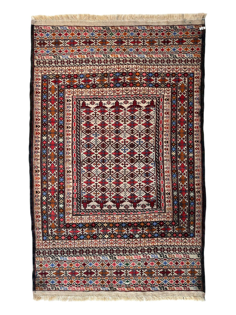 Hand-Woven Afghani Maliki Soumak Wool Kilim Rug - 4'2" x 6'6"