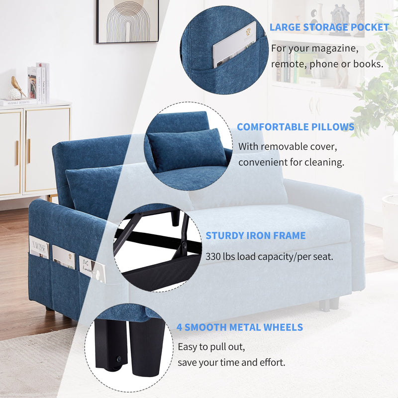 55.1" Pull Out Sleep Sofa Bed Loveseats Sofa Couch with Adjustable Backrest, Storage Pockets, 2 Soft Pillows, USB Ports for Living Room, Bedroom, Apartment, Office, Blue
