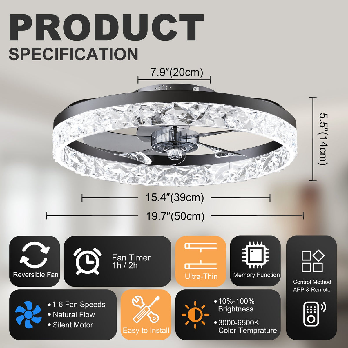 19.7" Ceiling Fan with Dimmable LED Light and Remote & App Control, photo 9 of 10