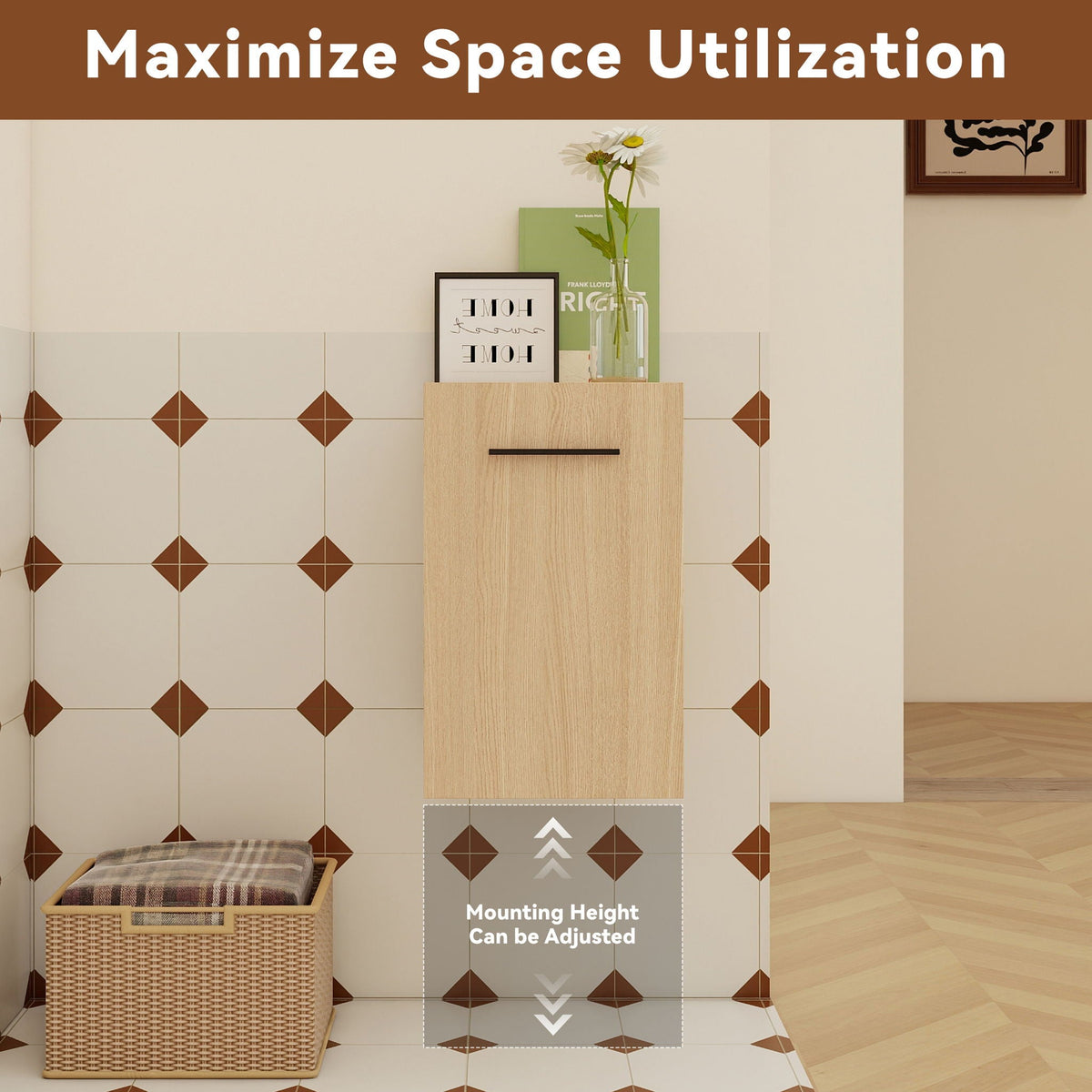 Floating Bathroom Vanity Single Door Base Cabinet, Wall Mounted Storage - Light Oak, photo 14 of 18