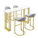 5 Pcs Bar Table and Chairs Set, Modern Gold White Table with 4 Velvet Cushion Bar Stools, Kitchen Counter High Top Table, Breakfast Table Set, Space Saving Table for Home & Kitchen, Gold Frame