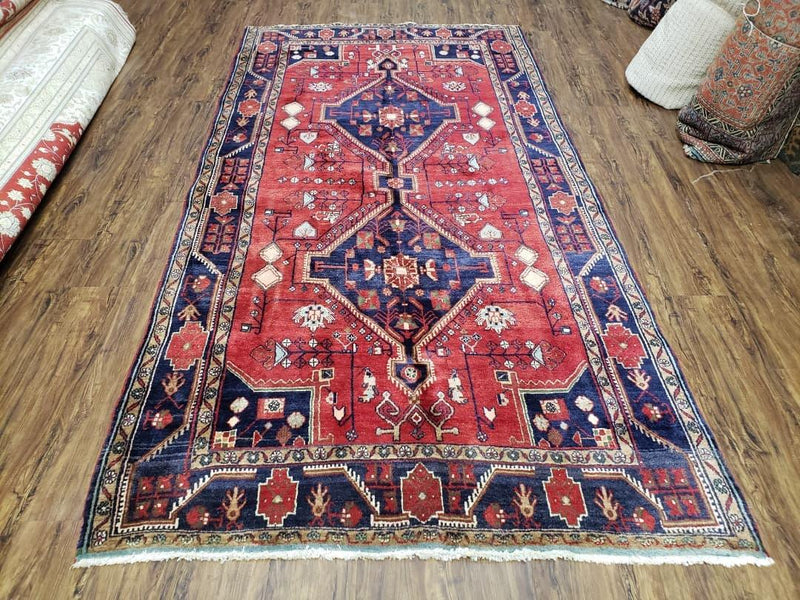 Antique Persian Zanjan Nahavand Heriz Rug, Red & Blue, Hand-Knotted, 5' x 9' 7"