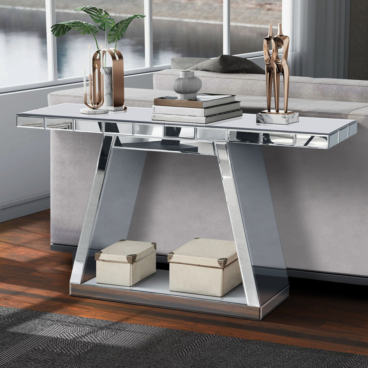 Modern Luxe Full Body Mirror Entryway Table With Trapezoid Base, 360° Reflective Console, Scratch Resistant, Open Storage - Silver, photo 5 of 7