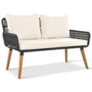 6-Piece Rope Patio Furniture Set, Outdoor Furniture with Acacia Wood Cool Bar Table with Ice Bucket, Deep Seat Patio Conversation Set with Two Stools for Backyard Porch Balcony (Black & Beige)