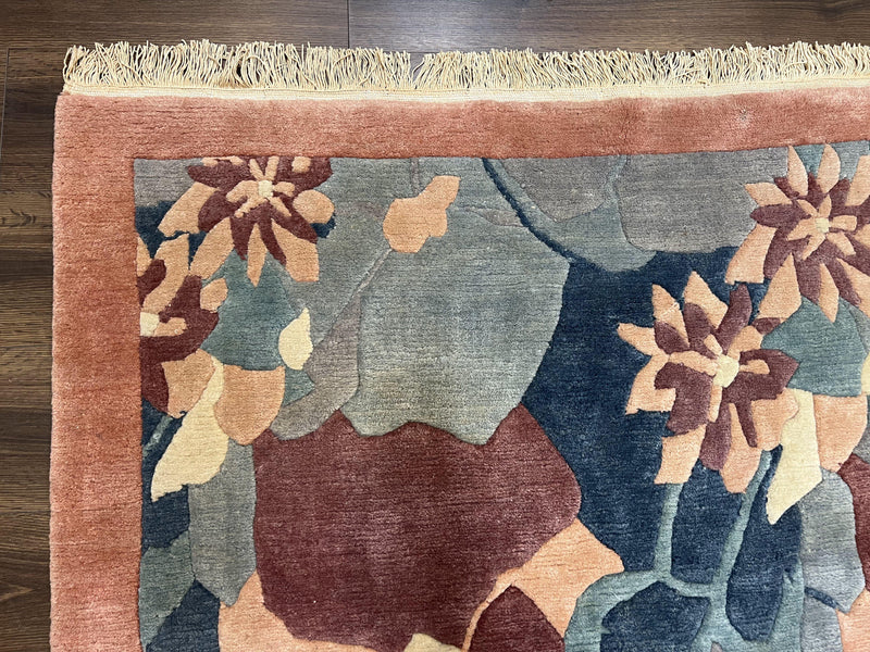 Modern Tibetan Rug 5.7 x 7.9, Abstract Multicolor Flower Pattern, Navy Blue Maroon Salmon, Soft Wool, Hand Knotted Contemporary Carpet 6x8