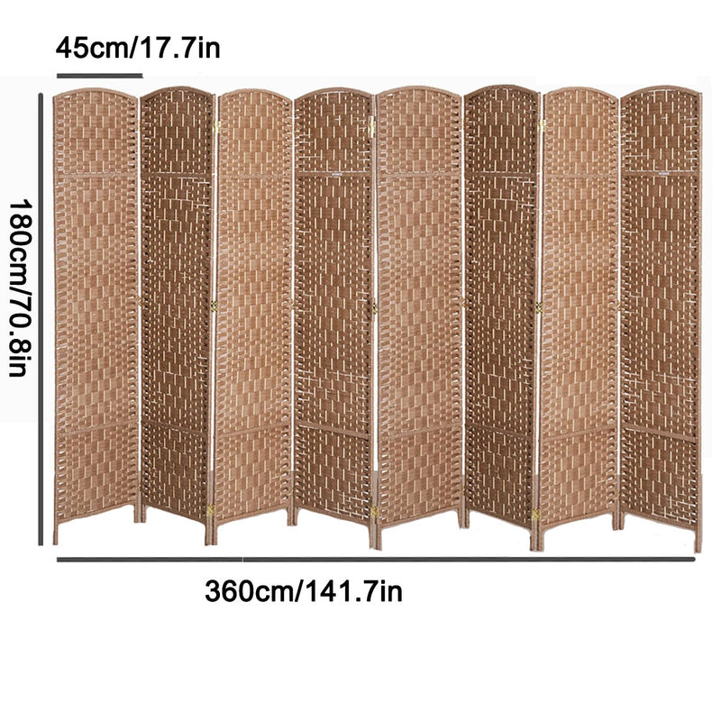 8 Panel Folding Room Divider Privacy Screen,  Home Decor Weave Fiber Double Hinges -Natural