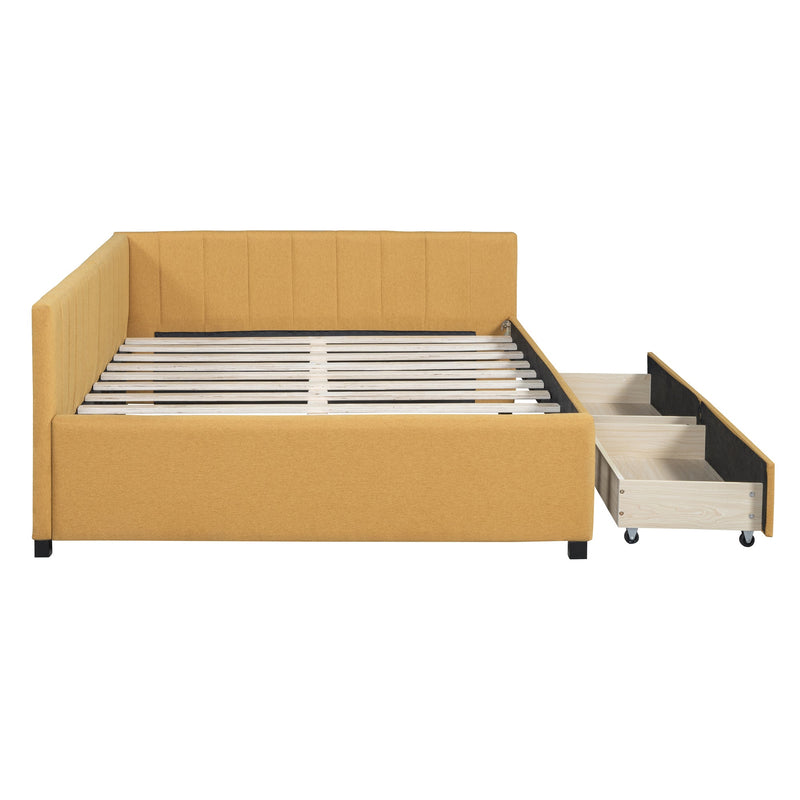 Full Size Upholstered Daybed with 2 Storage Drawers Sofa Bed Frame No Box Spring Needed, Linen Fabric (Yellow)