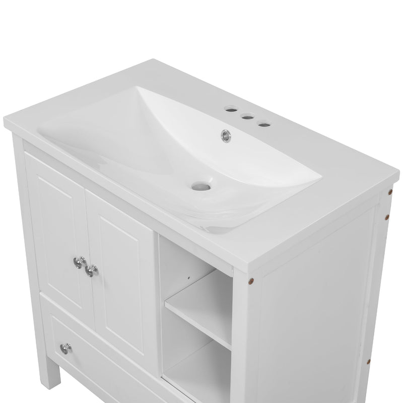 30" Bathroom Vanity with Sink, Bathroom Storage Cabinet with Doors and Drawers, Solid Wood Frame, Ceramic Sink, White