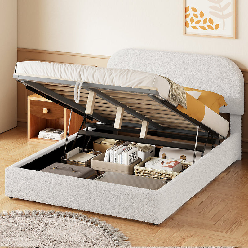 Walker Edison - Teddy Fleece Full  Size Upholstered Platform Bed with Hydraulic Storage System, White