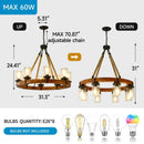 8 Light Rustic Wagon Wheel Chandelier, 31" Wooden Pendant Light with Seeded Glass Shade