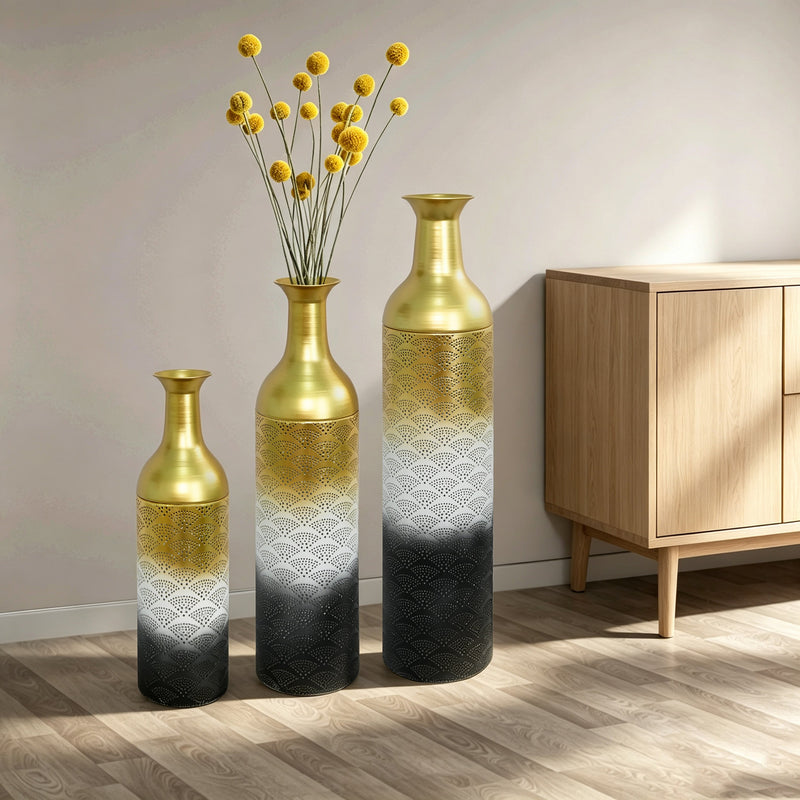 Decorative Metal Vases Set of 3, Leaf Pattern Floor Vases, photo 7 of 10