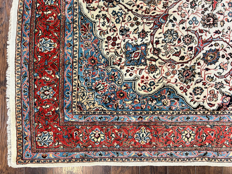Persian Sarouk Rug 8x12, Wool Hand Knotted Antique Carpet, Floral Medallion, Cream Red, Traditional Oriental Rug