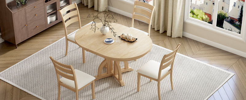 5-Piece Farmhouse Round Pedestal Extending Dining Table Set Extendable Kitchen Table Set with 15.8" Removable Leaf and Ladder Back Dining Chairs for Small Places, Natural