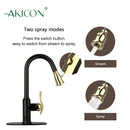 Two-Tone Matte Black & Gold Pull Out Kitchen Faucet with Deck Plate, Single Level Solid Brass Kitchen Sink Faucets with Pull Down Sprayer - AK415BLZG