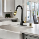 Two-Tone Matte Black & Gold Pull Out Kitchen Faucet with Deck Plate, Single Level Solid Brass Kitchen Sink Faucets with Pull Down Sprayer - AK455BLZG