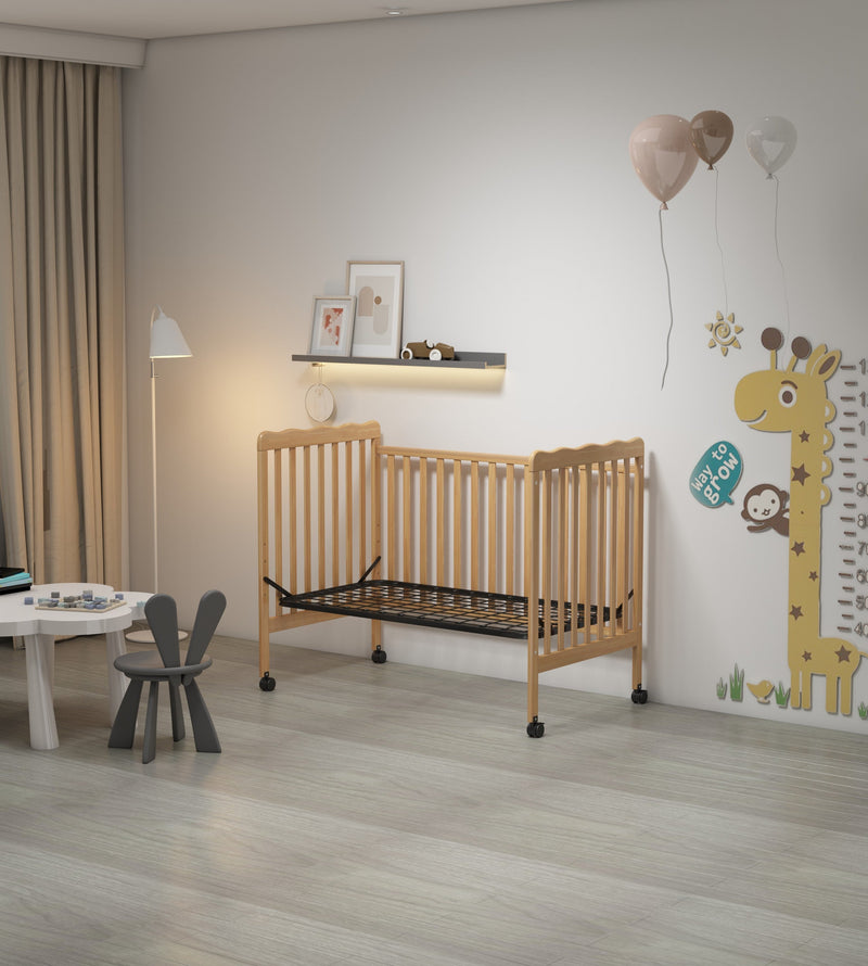 3-In-1 Convertible Crib In Natural, Made Of Sustainable Pinewood, Non-Toxic Finish, Comes With Locking Wheels, Wooden Nursery Furniture