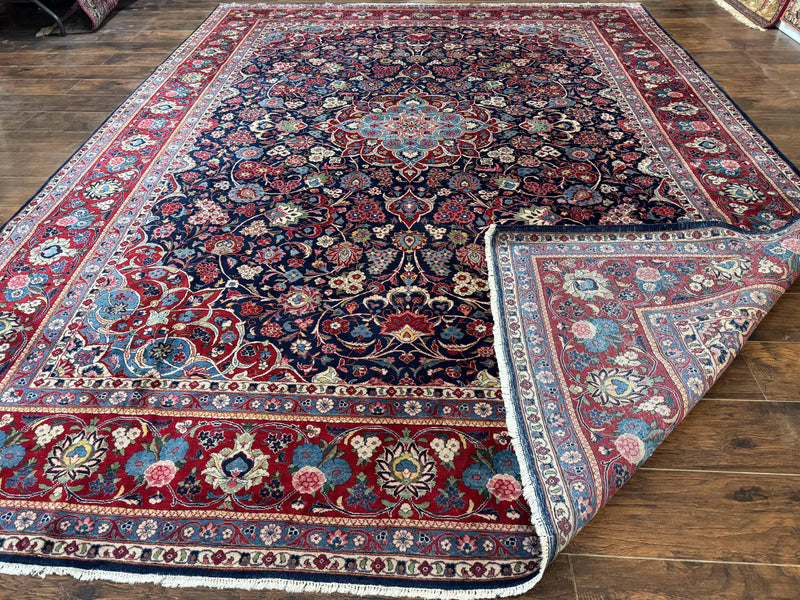 Navy Blue Persian Rug 9x12, Antique Persian Carpet, Kork Wool, 200 KPSI, Persian Kashan Rug