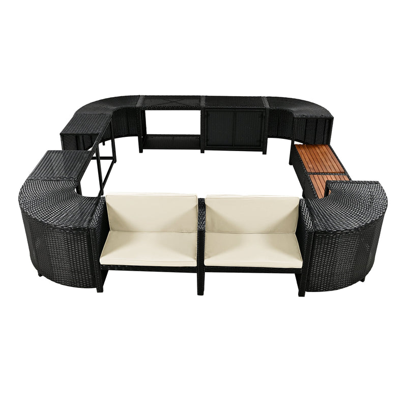 Walker Edison - Spa Surround Spa Frame Quadrilateral Outdoor Rattan Sectional Sofa Set with Mini Sofa,Wooden Seats and Storage Spaces, Beige