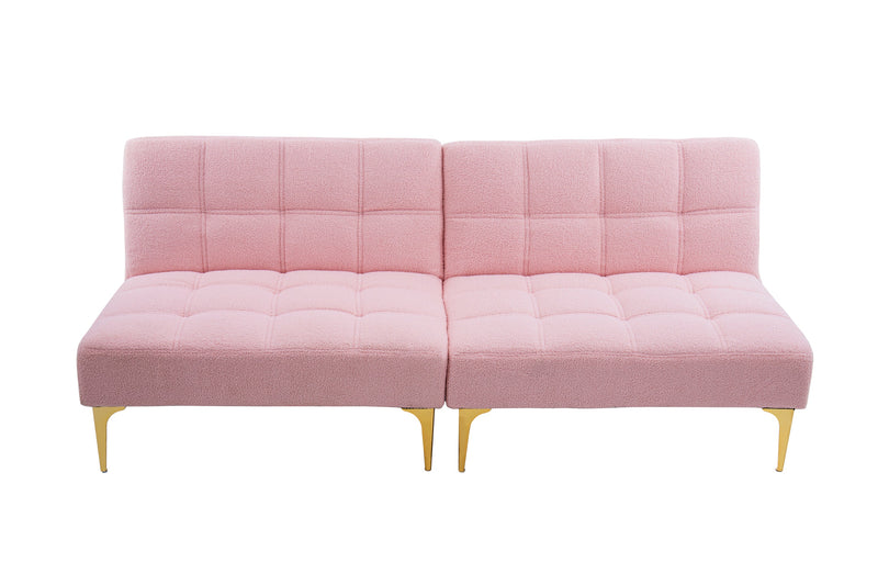 71" Convertible sofa bed futon with gold metal legs teddy fabric (Pink)
