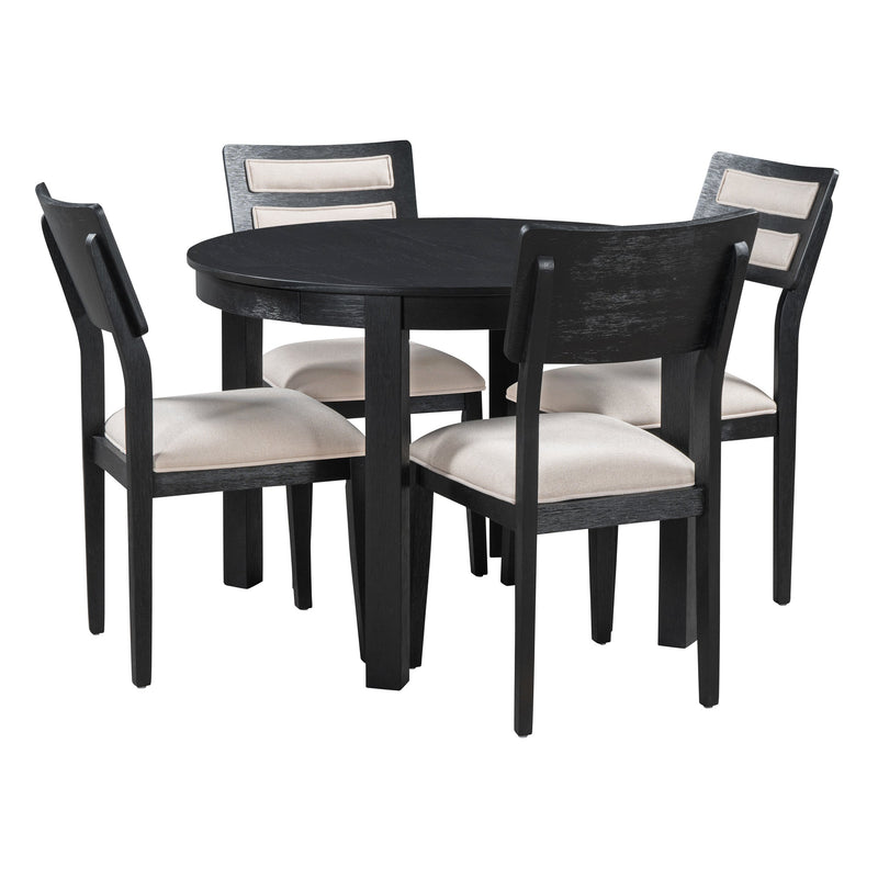 5-Piece Multifunctional Dining Table Set, Farmhouse Dining Set with Extendable Round Table,Two Small Drawers and 4 Upholstered Dining Chairs for Kitchen and Dining Room (Black)