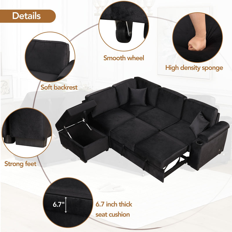 87.4" Sleeper Sofa Bed,2 in 1 Pull Out sofa bed L Shape Couch with Storage Ottoman for Living Room,Bedroom Couch and Small Apartment, Black