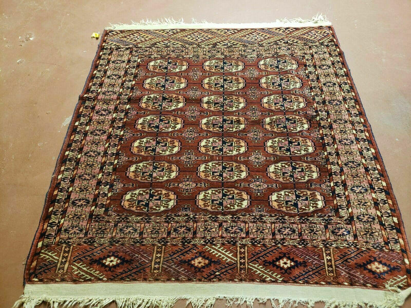 4' X 4' Antique Handmade Turkoman Bokhara Balouch Woven Wool Rug Brick Red Nice