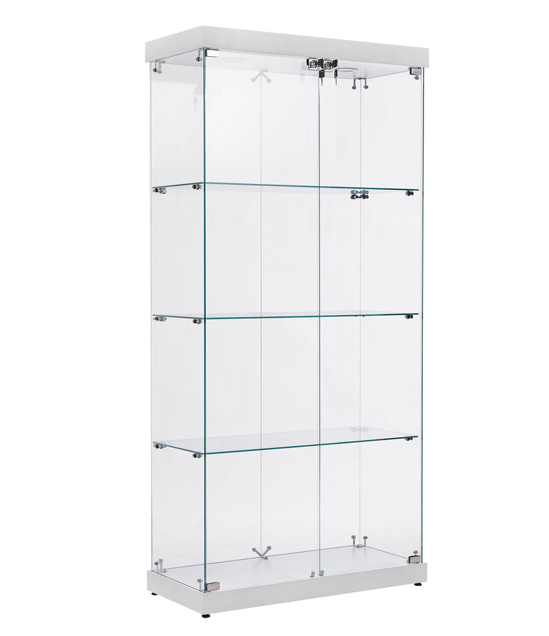 4-Tier Glass Display Cabinet, Double Door Glass Cabinet, Four Partitions, Two Locks, Floor Standing Storage Cabinet for Living Room, Bedroom, Showroom and Office, White, 31.5"L x 14.2"W x 66.3"H