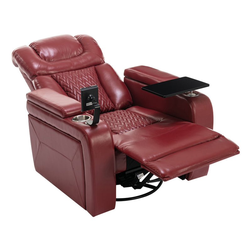 270 Degree Swivel PU Leather Power Recliner Individual Seat Home Theater Recliner with Comforable Backrest, Tray Table, Phone Holder, Cup Holder, USB Port, Hidden Arm Storage for Living Room, Red