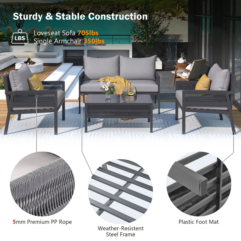4-Piece Rope Patio Furniture Set, Outdoor Furniture with Tempered Glass Table, Patio Conversation Set Deep Seating with Thick Cushion for Backyard Porch Balcony (Grey)