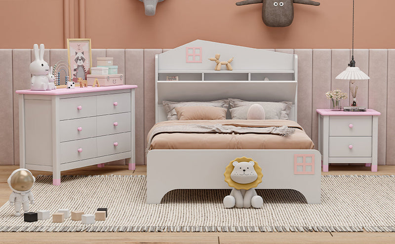 3-Pieces Bedroom Sets Twin Size House Bed with Storage Headboard, Wooden Nightstand and Storage Dresser,White