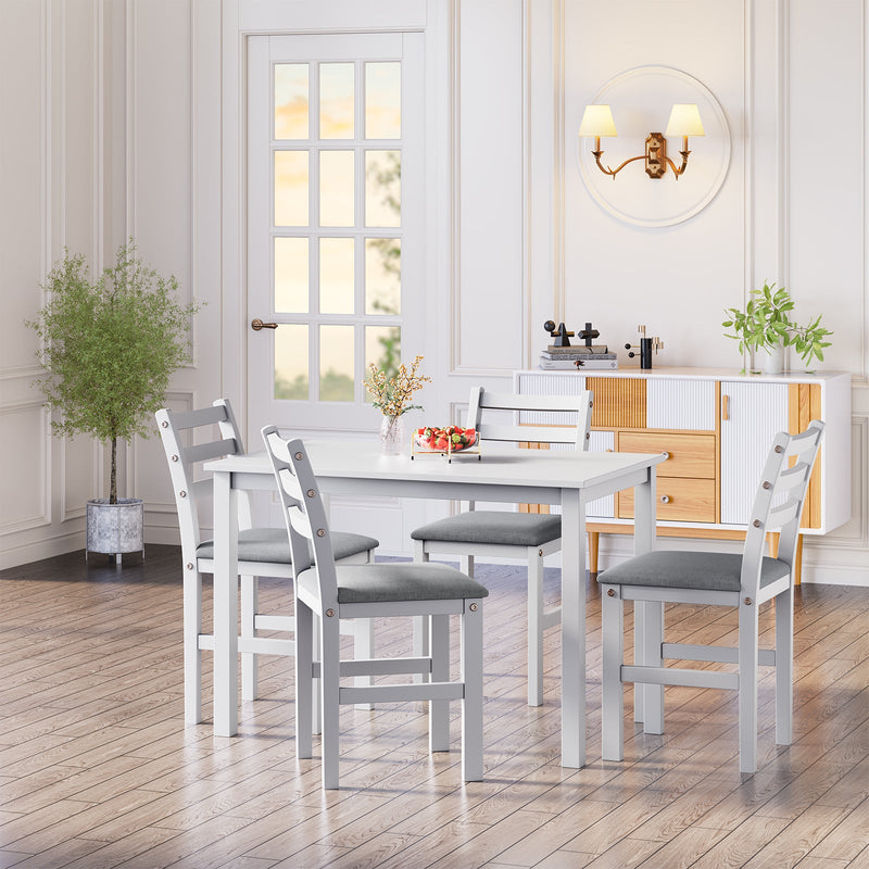 5PCS Stylish Dining Table Set 4 Upholstered Chairs with Ladder Back Design for Dining Room Kitchen Gray Cushion White