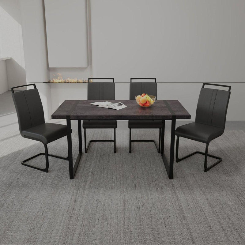 59 "Rural Industrial Rectangular MDF Black Dining Table Set and PU Armless Dining Chair Set, 4 pieces. Kitchen Black Metal Table Leg Dining Chair Set