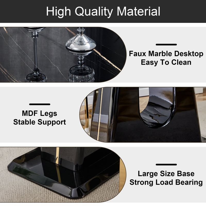 A modern, minimalist, and luxurious table. A black imitation marble tabletop with MDF U-shaped legs. Dining table, computer table. For restaurants and living rooms 63" x 35.4"x 30" F-U