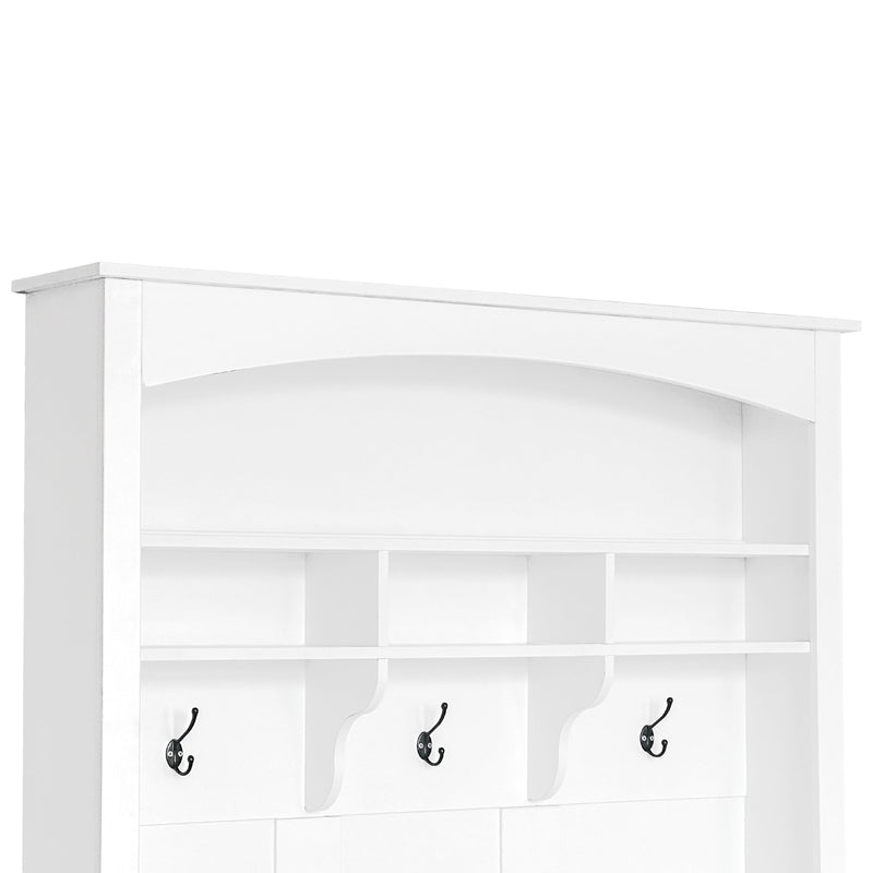 47.2" Wide Hall Tree with Bench and Shoe Storage, Multi-functional Storage Bench with 3 Hanging Hooks & Open Storage Space, Rectangle Storage & Shelves Coat Rack for Hallway, White