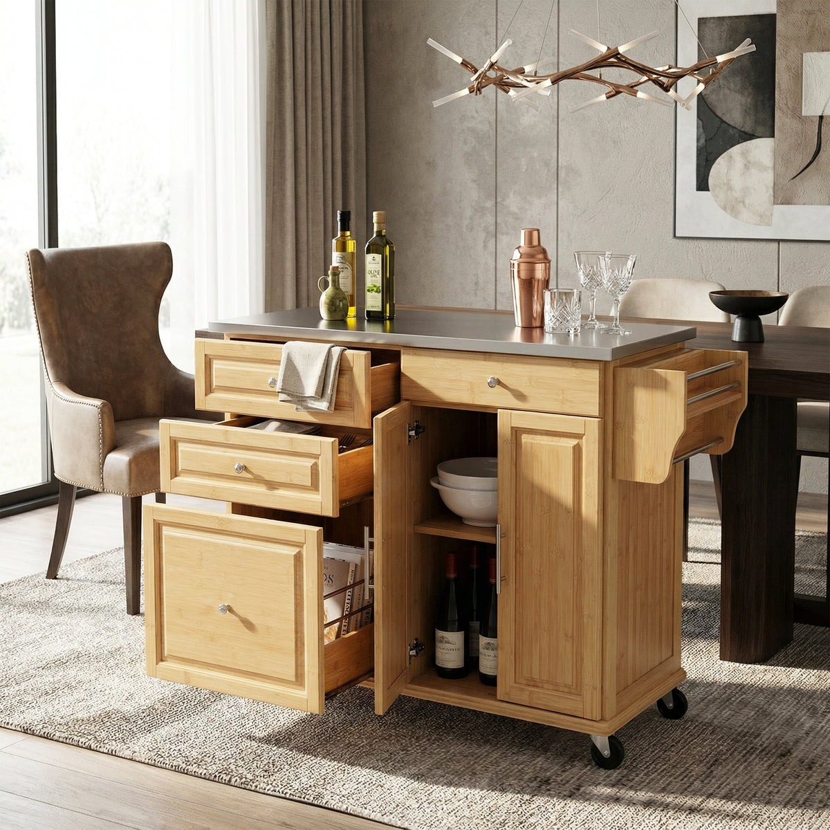 Indoor Bamboo Rolling Kitchen Island with Stainless Steel Top, photo 3 of 10