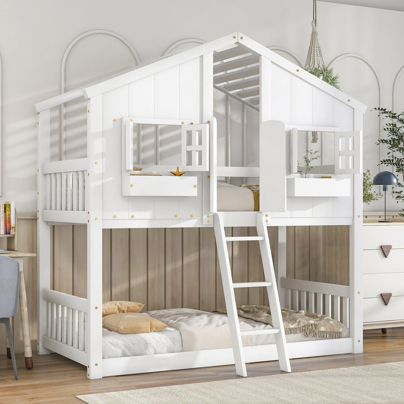 Twin over Twin House Bunk Bed with Roof, Window, Window Box, Door, with Safety Guardrails and Ladder, White