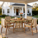 5-Piece Outdoor Dining Set: Teak Finish Round Acacia Wood Table & 4 Wicker Armchairs by HouseOfZazla