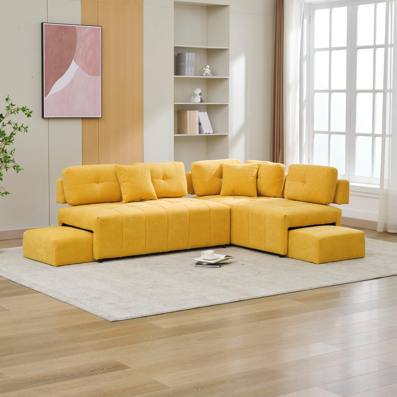 91.73" L-shaped Sofa Sectional Sofa Couch with 2 Stools and 2 Lumbar Pillows for Living Room, Yellow